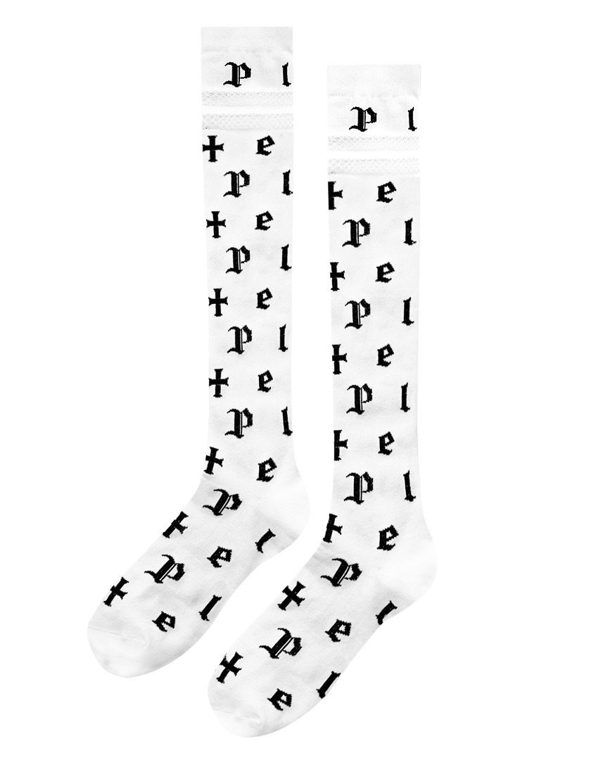 Baffle Logo Jacquard Mesh Knee Socks :  Women&#039;s White (PA0GSF132WH)